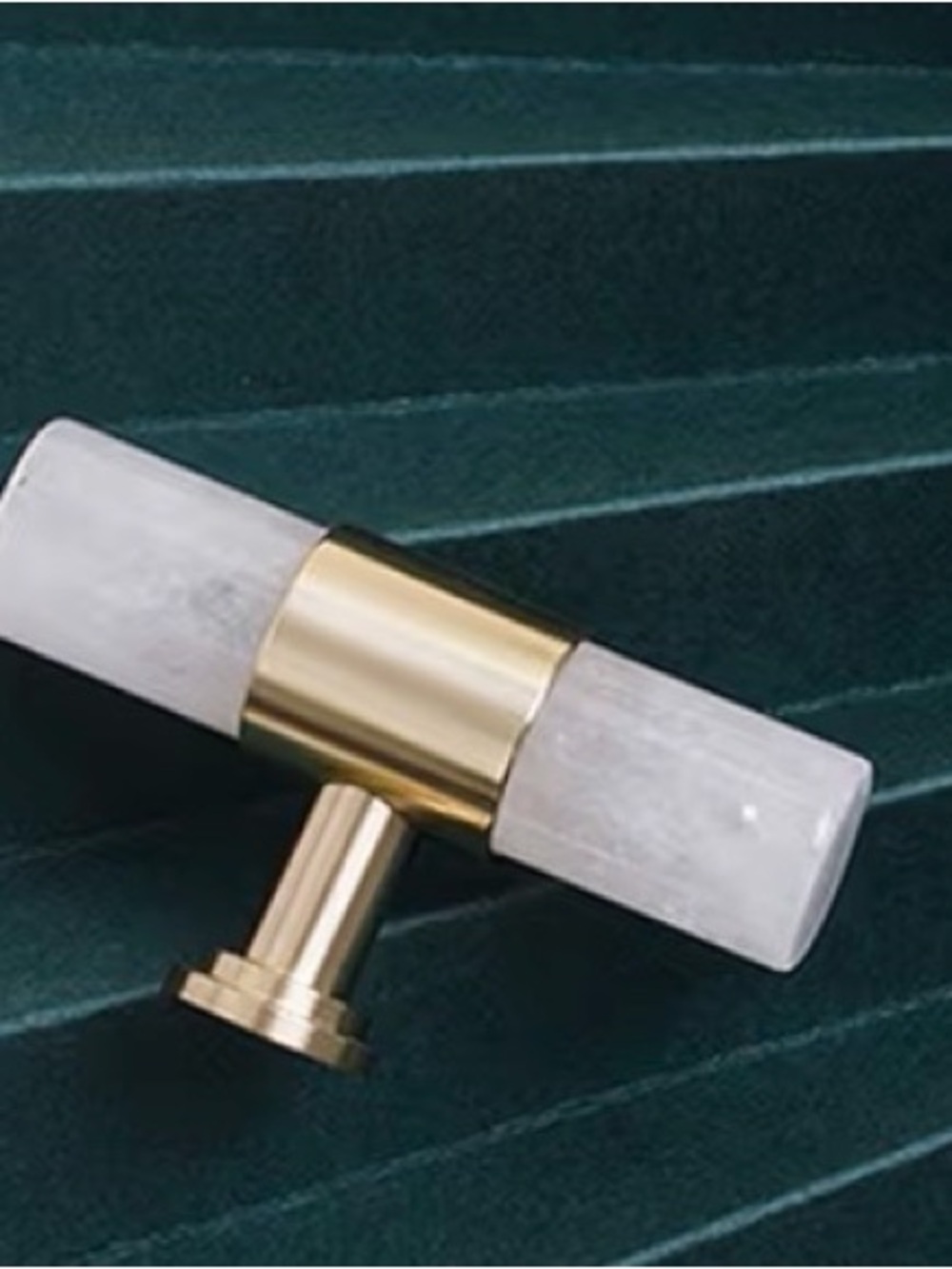 Set of 3 rose quartz t-bar cabinet pulls with brass hardware